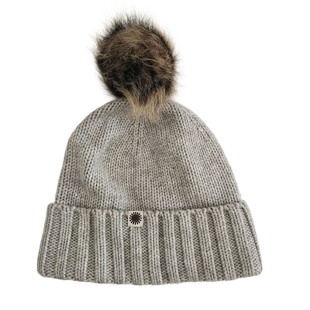 UGG Australia Womens Solid Ribbed Beanie Pom Pom Steel Heather Wool Blend New